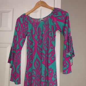 Hot pink and teal off the shoulder dress